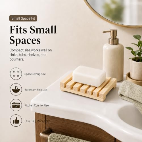 Bamboo Soap Dish for Bar Soap, Raised Wooden Holder with Drain Slots，Natural Pine Wood Soap Box - Image 5
