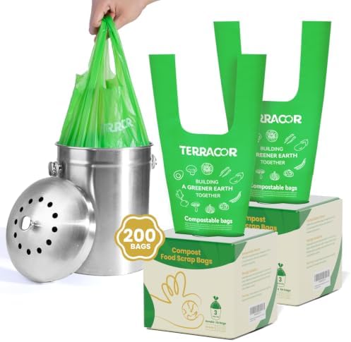 Compost Bags, 3 Gallon Compostable Food Scrap Bags Handle Tie,200 Count (Pack of 2),Certified by BPI and ASTM D6400 by TerracorPackaging