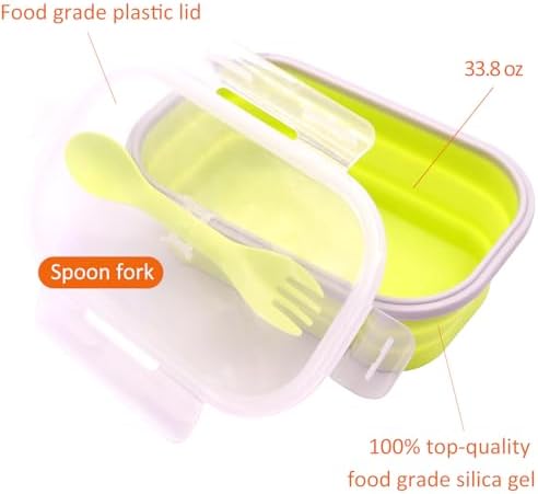 2 Pack Collapsible Silicone Bento Lunch Boxes With Lids Spoon Fork, 33.8oz, Meal Prep Food Storage Containers, Durable, Safe in Microwave, Dishwasher and Freezer, BPA Free (Blue and Green) - Image 2