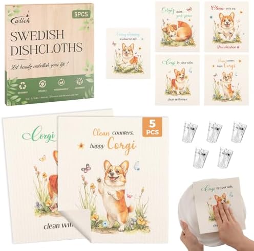wlich 5 Pack Swedish Dishcloths, Reusable Kitchen Towels with Clips, Dog by wlich