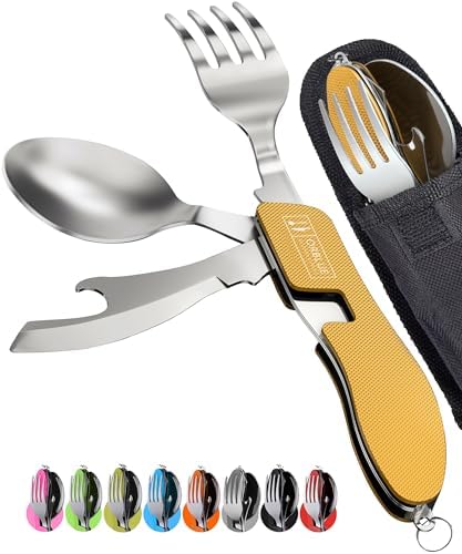 Orblue 4-in-1 Camping Eating Utensils, 2-Pack - Portable Spoon, Fork, Knife & Bottle Opener Combo Set - Stainless Steel Flatware with Detachable Fork - Travel, Backpacking Cutlery Multitool, Yellow by Orblue
