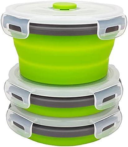 CCyanzi 3piece Round Collapsible Bowl with Lids, Silicone Food Storage Containers, Microwave & Freezer Safe, Space Saving for Kitchen Cabinet and Camping Backpack,(Green Gray) by CCyanzi