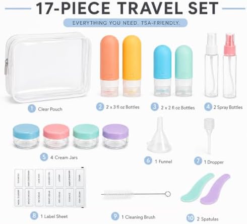 17-Piece Leak Proof Travel Bottles for Toiletries, Color-Coded Pouch Set - Image 2