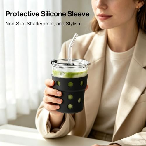 Mrsdry 12oz Iced Coffee Cup with Lids and Straws, BPA Free Reusable Glass Coffee Cups with Silicone Sleeves for Coffee, Iced tea, Thick Wall Glass Cup - Image 6