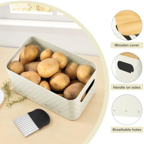 Kitchen Vegetable Storage Set of 3, Metal Onion Garlic Potato Storage Set, Kitchen Canisters Vegetable Keeper Containers with Aerating Holes and Bamboo Lid,Embossed Beige - Image 3