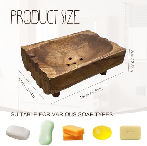 Natural Teak Wood Soap Holder, Automatic Draining Soap Tray with Drain Holes, Handmade Rustic Soap Dish & Countertop Soap Saver Stand for Bathroom and Kitchen - Image 2