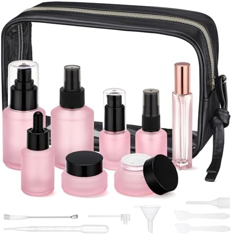 Segbeauty 8pcs Pink Travel Size Containers Set with Clear Toilet Bag, Small Travel Essentials Toiletires Skincare Containers Frosted Glass Spray Lotion Bottles, Dropper Bottle Empty Cream Jar with Lid by Segbeauty