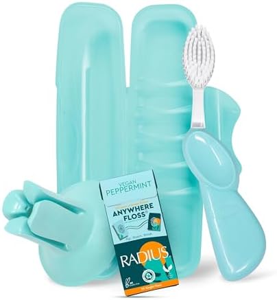 RADIUS Vacation Pastel Bundle, Includes Right Handed Big Brush with Replaceable Head, Toothbrush Travel Case, DOC Toothbrush Holder, Anywhere Travel Floss Packette, Mint Green, 4 Piece Bundle by RADIUSCorporation