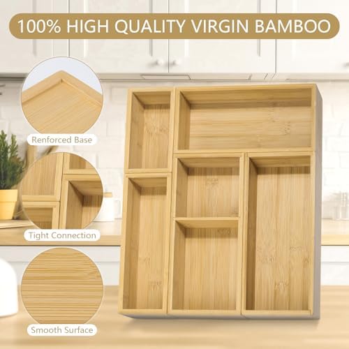5 Pack Bamboo Drawer Organizer Set, Multi-Use Junk Drawer Organizer for Bathroom, Kitchen, Office, Jewelry, Makeup - Image 3