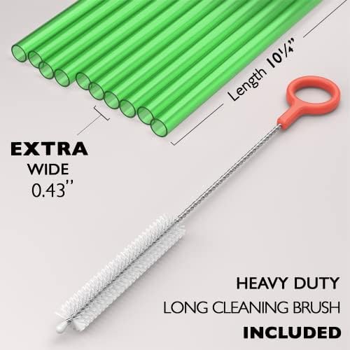 Fiesta First 10 EXTRA WIDE Long Reusable Hard Plastic Drinking Straws + Cleaning Brush - Fat Thick Large Jumbo Straws for Smoothies and Milkshakes - Green - Dishwasher Safe BPA Free - Image 2
