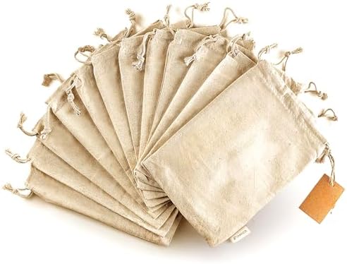 LEAFICO Organic Cotton Reusable Produce Bags - Small 5x7 (12 Pack) - Biodegradable Eco-Friendly Bulk Bin Sacks for Food - Cloth Bags with Drawstrings - Linen Pouch for Fruit, Vegetable Storage by Leafico