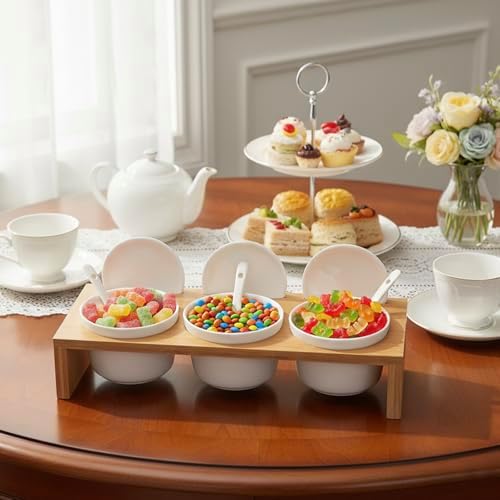MyGift 10 Pcs Sauce Serving Dish, Hosting Party Essentials Host Gift, 3 Ceramic Ramekin Chip Dip Bowls with Lids & Spoons, Premium Bamboo Server Tray, Condiment Pot Entertaining - Image 4