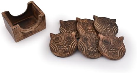 NIRMAN Wooden Crafted Coaster Set of 6 with Coasters Holder for Drink Bar Coaster Tea Coffee Mug Tabletop Barware Drink Handmade Dining Home Decor (Owl Shape) - Image 4