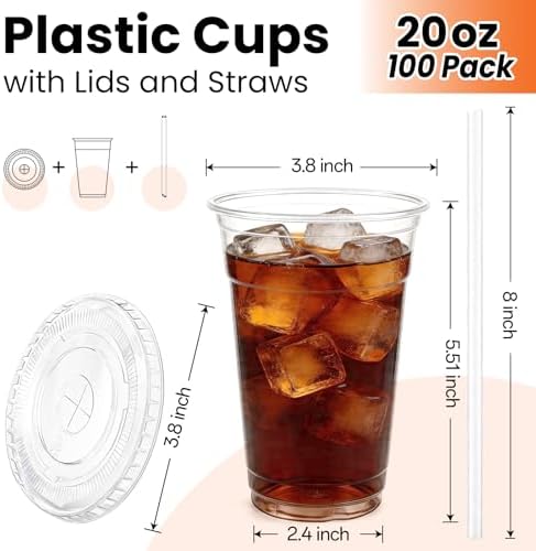 100 Pack 20oz Plastic Cups with Lids and Straws, Clear Disposable Plastic Cups, Heavy Duty Iced Coffee Cups with Leak-Resistant Lids, Cold Drink Cups for Smoothies, Juice, Soda & Party To Go - Image 2