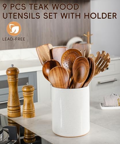 Wooden Cooking Utensils Set with Ceramic Holder,Teak Wood Utensils 10pcs - Image 2