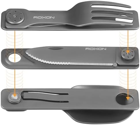 ROXON 3-in-1 Camping Utensils Set (Knife, Spoon, Fork) Titanium-Plated Grey by ROXON