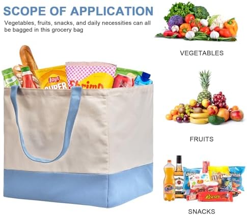 Reusable Grocery Bags Heavy Duty, 8.3 gal Foldable Large Canvas Tote Bag with Handles, Holds 60 lbs Canvas Shopping Bags, 1 Pack（Off White+Light Blue） - Image 5