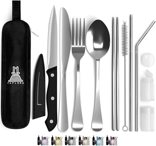 Taplord Portable Travel Silverware Set With Case, Includes 10 Pcs of Travel Utensils With Case, Stainless Steel Flatware Set For Camping, Lightweight (Silver) by Taplord