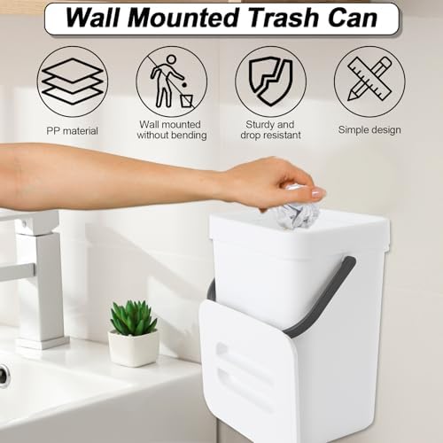 Compost Bin Kitchen, Includes 100 Trash Bags, Hanging Trash Can with Lid, Features Pet-Proof, Odor-Proof, and Quiet Opening/Closing. Suitable for Bathrooms/Bedrooms/Offices (White, 1.3Gal/5L) - Image 4