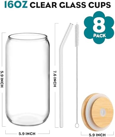 WISIMMALL Drinking Glasses with Bamboo Lids and Glass Straw 8PCS Set, 16oz Glass Cups with Lids and Straws, Beer, Iced Coffee Glasses, Soda, Gift 2 Cleaning Brushes - Image 4
