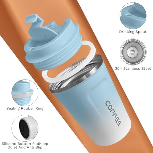 SPLMIFA Travel Coffee Mugs Leak-Proof, Reusable Coffee Cups with Lids, Stainless Steel Vacuum Insulated Coffee Tumblers, Thermal Insulation Cup for Men & Women Hot & Cold Drinks(2nd-Blue White, 12OZ) - Image 3