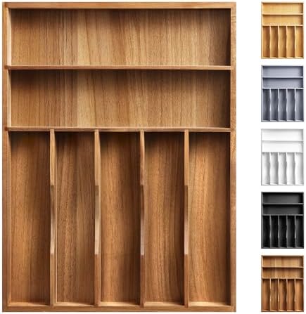 Kitchen Acacia Silverware Organizer - Extra Deep Grooved Drawer Divider, 7 Slot Utensil Organizer by oridom