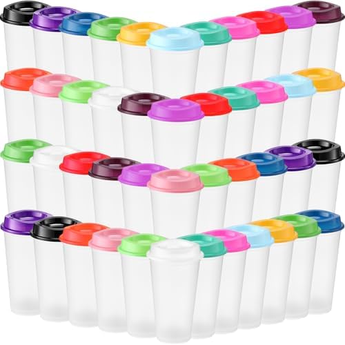Honeydak 45 Pack 16 oz Reusable Coffee Cups with Lids Water Bottle Iced Coffee Travel Mug Portable Plastic Tea Tumblers Bulk for Hot and Cold Drinks Birthdays Party (Clear with Colors Lid,Classic) by Honeydak