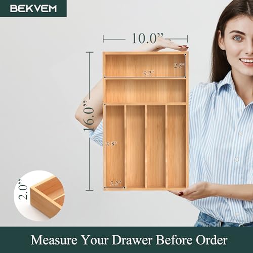 Silverware Organizer, Bamboo Kitchen Drawer Organizer, Utensil Holder, Cutlery Tray & Spoon Flatware Storage with Grooved Drawer Dividers (10''W x 16''D) - Image 2