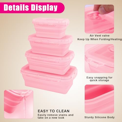 4 Pack Collapsible Silicone Food Storage Containers with Lids, Pink - Image 3