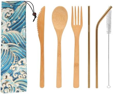 Uptrust Bamboo 2 Set Travel Utensils - Reusable Cutlery with Case, 7.8 Inch Knife, Fork, Spoon, 3 Colors Metal Straw - Golden Straw - Image 7
