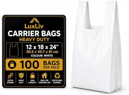 Reusable Heavy Duty White Plastic Shopping Bags with Handles, T-Shirt Grocery Carrier Bags, 12 x 18 x 24 Inch, HDPE Retail, Convenience Store & Takeout Bags, 100 Pack by LuxLiv