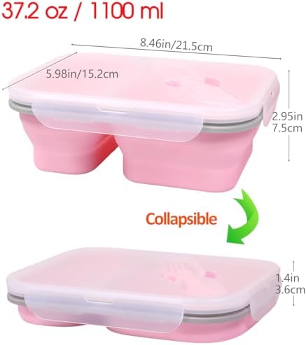 2 Pack Collapsible Silicone Bento Lunch Boxes With Lids,2 Compartments, Divided Lunch Food Storage Containers, 37.2 oz, Safe in Microwave, Dishwasher and Freezer, BPA Free - Image 4