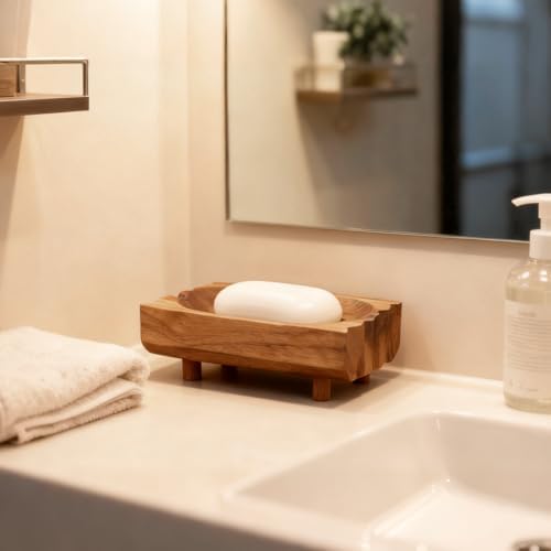 Natural Teak Wood Soap Holder, Automatic Draining Soap Tray with Drain Holes, Handmade Rustic Soap Dish & Countertop Soap Saver Stand for Bathroom and Kitchen - Image 6
