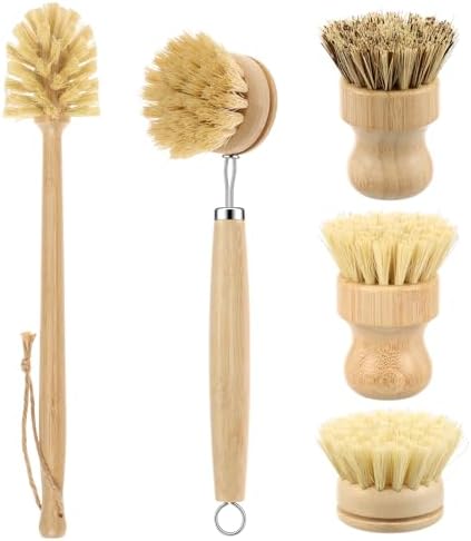 Bamboo Dish Brush Set, Natural Sisal Kitchen Scrubber for Plate Glass Bottle Frying Pan Reusable Wooden Washing up Brush with Replacement Head No Plastic 5 Pack by Tcwhniev