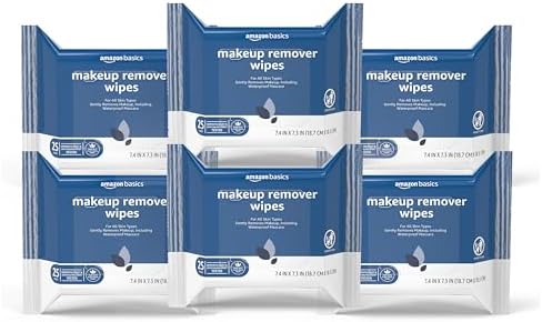 Amazon Basics Makeup Remover Wipes, Gentle Cleansing, Dermatologist Tested, Original, Plant Based, Alcohol-Free, Removes Waterproof Mascara, pH Balanced, 25 Count, 6-Pack by AmazonBasics