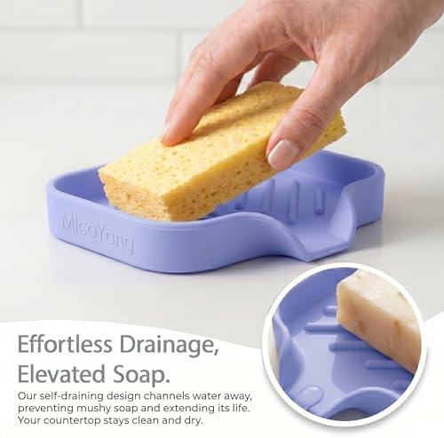 MicoYang Silicone Soap Dish with Drain Spout, Self-Draining Sink Organizer Tray for Bathroom & Kitchen, Sponges, Dispensers & Soap Holder, Non-Slip & Dishwasher Safe, Light Purple (Compact, 4.9"×3.2") - Image 7