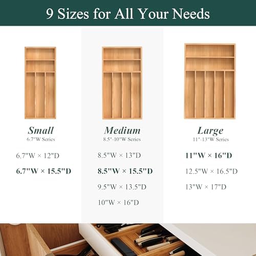 Silverware Organizer, Bamboo Kitchen Drawer Organizer, Utensil Holder, Cutlery Tray & Spoon Flatware Storage with Grooved Drawer Dividers (11''W x 16''D) - Image 3