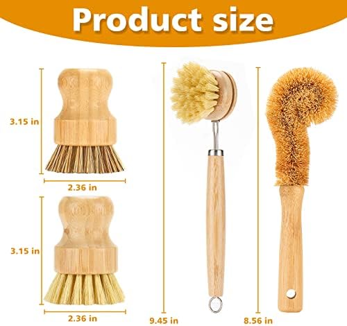 SAMEBUTECO Bamboo Dish Brushes Sets 4 Tools in One Kitchen Clean Dish Scrubber for Pots Pans Bottles with Natural Bristles (Bamboo Brushes Sets) - Image 2