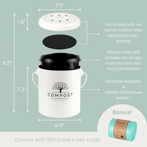 Perfnique Kitchen Compost Bin, 1.3 Gallon Countertop Compost Bin with Lid, Indoor Compost Bucket Includes Inner Bucket Liner and Carbon Filter, Small Compost Bin with Trash Bags (with Bags, Cream) - Image 2