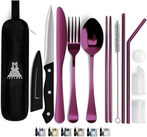 Taplord Portable Travel Silverware Set With Case, Includes 10 Pcs of Travel Utensils With Case, Stainless Steel Flatware Set For Camping, Lightweight (Purple) by Taplord