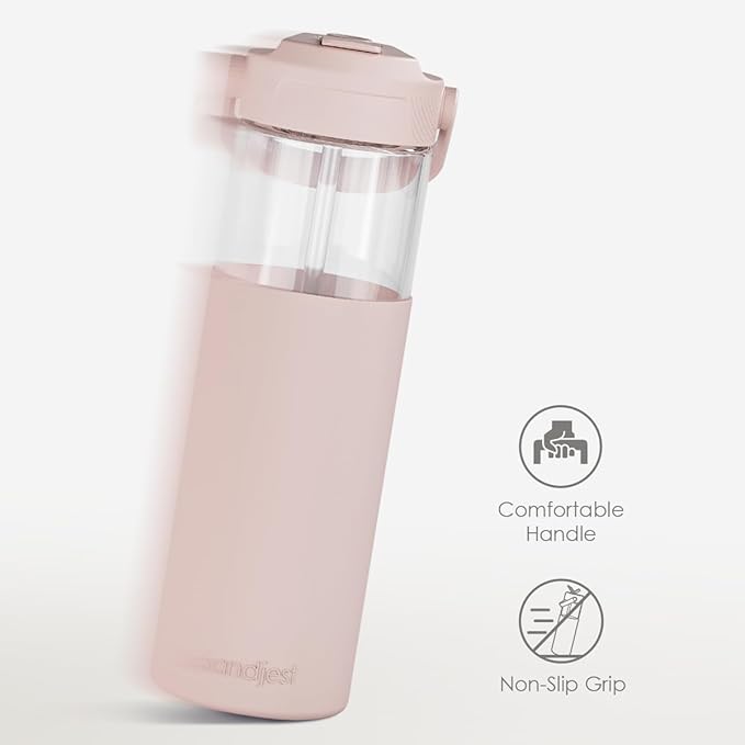 Glass Water Bottle with Silicone Sleeve and Straw Lid 20oz for Girls Women, Glass Drinking Bottles for Travel Home Gym Sports (Warm Sand)