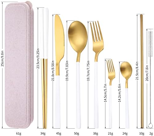 AARainbow 8 Pieces Stainless Steel Flatware Set Portable Reusable Cutlery Set Travel Utensils Set Including Chopsticks Knife Fork Spoon Straws Cleaning Brush Dishwasher Safe (B-White Golden) - Image 2