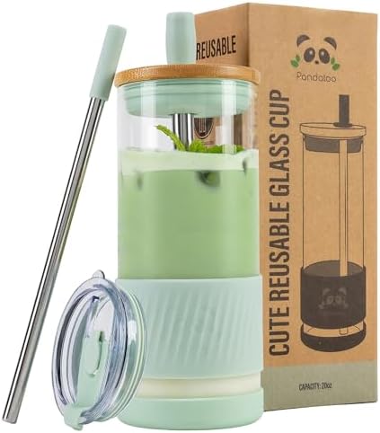 Pandaloo® Glass Cups With Lids and Straws -20 Fl Oz- Perfect Size Iced Coffee Cup - Smoothie Cup With Bamboo Lid and On the go Lid (Sweet Sage, 1 Count (Pack of 1) by Pandaloo