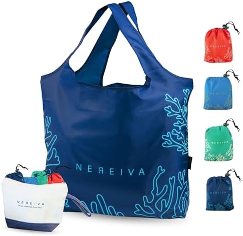 4 Pack in a Carry Pouch, Large Foldable Reusable Grocery Shopping Tote Bags by Nereiva