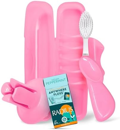 RADIUS Vacation Pastel Bundle, Includes Right Handed Big Brush with Replaceable Head, Toothbrush Travel Case, DOC Toothbrush Holder, Anywhere Travel Floss Packette, Pink, 4 Piece Bundle by RADIUSCorporation