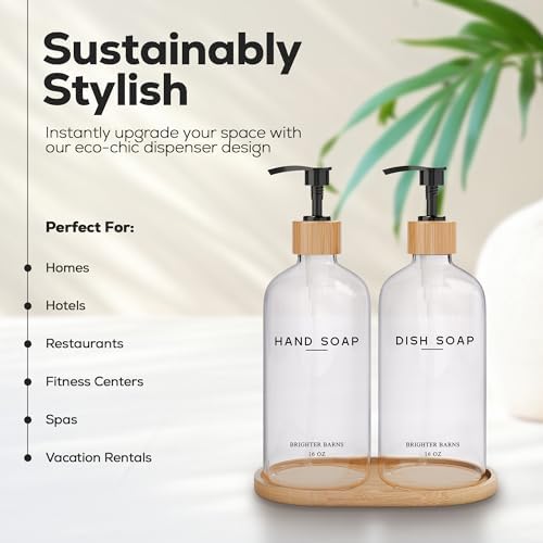 Clear Glass Hand and Dish Soap Dispenser Set by Brighter Barns - Kitchen Soap Dispenser Set with Bamboo Tray - Modern Kitchen Decor, Minimalist Decor (Clear) - Image 2