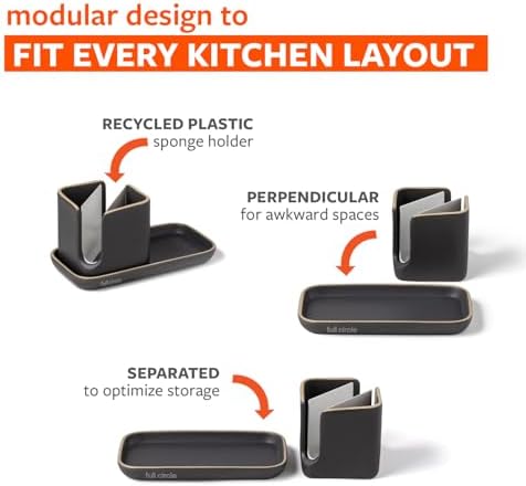 Full Circle Stash, Ceramic Kitchen Sink Caddy, Stylish Modular Sponge Holder & Dish Brush Organizer, Gray and White, 11" - Image 6