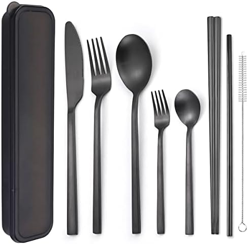 AARAINBOW 6 Pieces Stainless Steel Flatware Set Portable Reusable Cutlery Set Travel Utensils Set Including Chopsticks Knife Fork Spoon Straws Cleaning Brush Dishwasher Safe (B-Black) by AARAINBOW