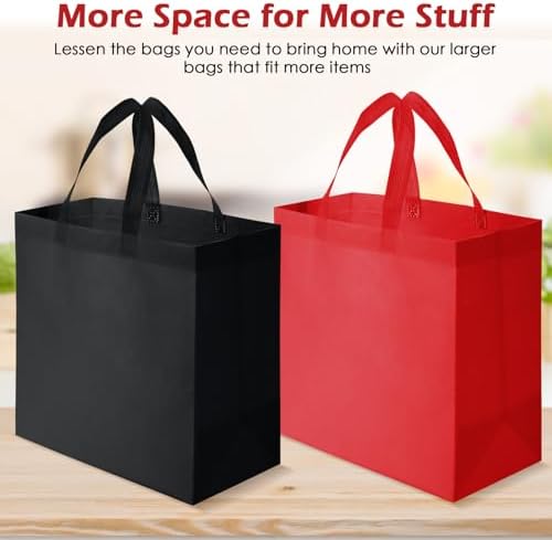 Reginary 50 Pcs Reusable Tote Bags Shopping Bags Non Woven, Black, Red - Image 4