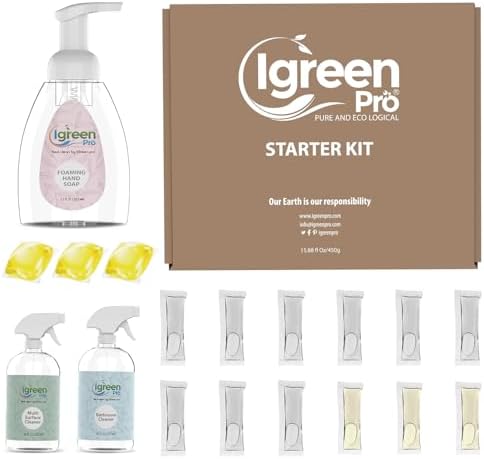 Starter Cleaning Kit I Multi Surface Cleaner I Bathroom Cleaner I Liquid Laundry Detergent I Hand Foaming Soap I Floor Cleaner I Three Free Bottles by IGreenPro